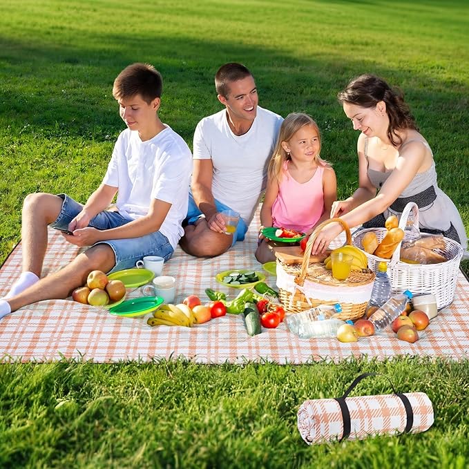 Picnic Blanket 80''x80'' Extra Large Outdoor Blanket, Waterproof, Sandproof, Machine Washable, Tear Resistant, Foldable Picnic Mat for Camping, Grass, Park, Travel, Beach – Orange