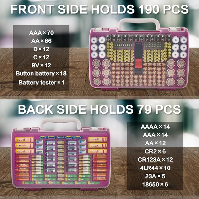 Battery Organizer Storage Holder Case with Double-Sided, Garage Box with Tester Checker. Batteries Container for 269pcs AA AAA AAAA 3A 4A 9V C D Lithium 4LR44 CR2 CR123A CR1632 CR2032 18650 - Purple