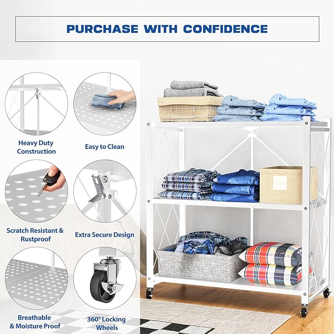 3-Tier Foldable Storage Shelf with Wheels - Metal Rack Collapsible Shelving Unit Display, Rolling Cart for Books Kitchen Storage Shelves, Pantry & Closet Organizer, Office Room Decor