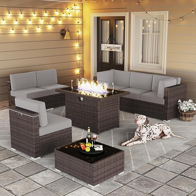 LayinSun 8 Pieces Outdoor Patio Furniture Set with 44" Fire Pit Table Brown Rattan Sectional Sofa Conversation Sets