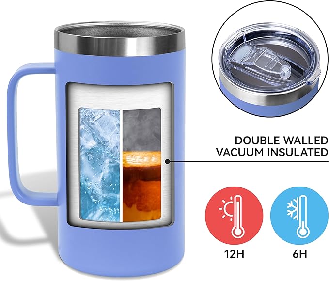 DOMICARE 24oz Mug with Handle and Lid, Stainless Steel Coffee Mug, Travel Mug with Handle, Double Wall Vacuum Coffee Tumbler, Reusable Insulated Cup, Blue, Pack 4