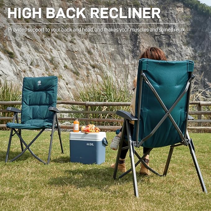 EVER ADVANCED Folding Camping Recliner Chair Fully Padded with Adjustable High Back Support Portable for Adults Patio Reclining Chair Green