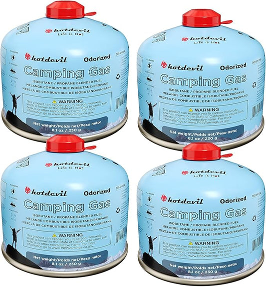 KOMAN Isobutane Fuel Canister 230 Gram Camping Stove Fuel Butane Propane Blend Camping Fuel Gas Canister Backpacking Fuel Light-Weight Compact Camping Fuel (4 Pack)