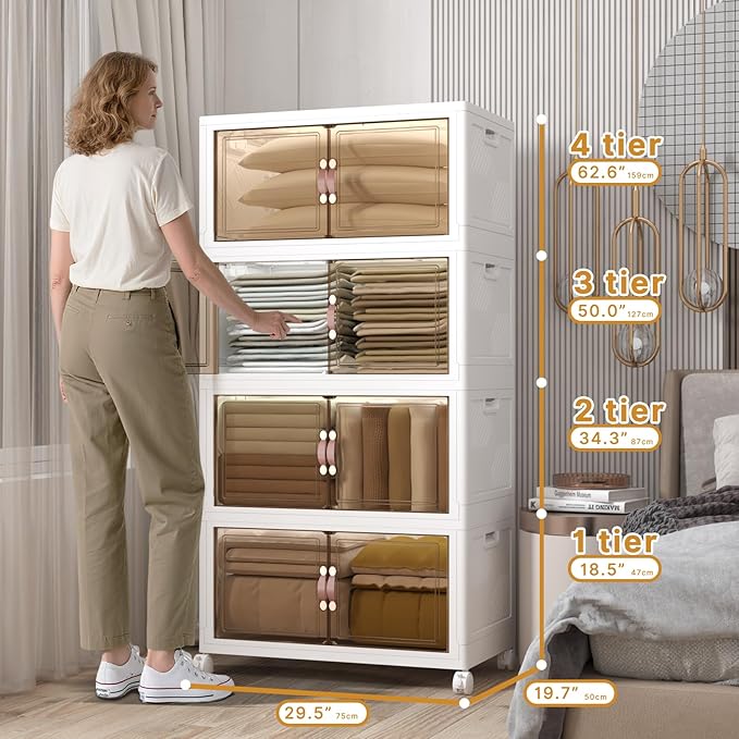 Extra Large Stackable Storage Binswith lids & Wheels, Foldable Collapsible Closet Organizers,672QT-168QT/42GAL*4Pack Plastic Containers with door & drawers for bedroom Dorm