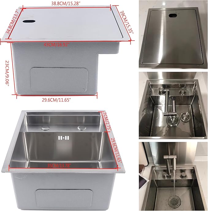15-inch Hidden RV Bar Kitchen Sink with Folding Faucet, Cover, Drain Pipe and Strainer Full Set, Small Stainless Steel Sink for Workstation, RV, Prep Kitchen and Bar(Silver)