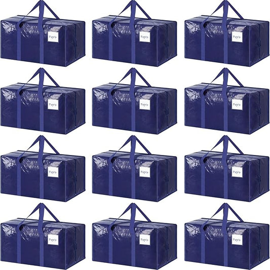 12 Pack Extra Heavy Duty Large Moving Bags with Strong Zipper & Comfortable Handles, Sturdy & Durable Clothes Storage Bags Totes Bins, Packing Moving Boxes for College Supplies, Dark Blue