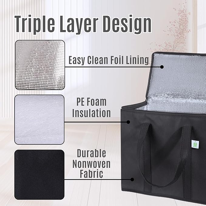 VENO 2 Pack Cooler Bag and Insulated Grocery Bags for Food Delivery, Collapsible Cooler, Reusable Shopping Bags for Groceries with zipper, Foldable, Heavy-Duty, Stands Upright (Assorted Color, 2 Pack)