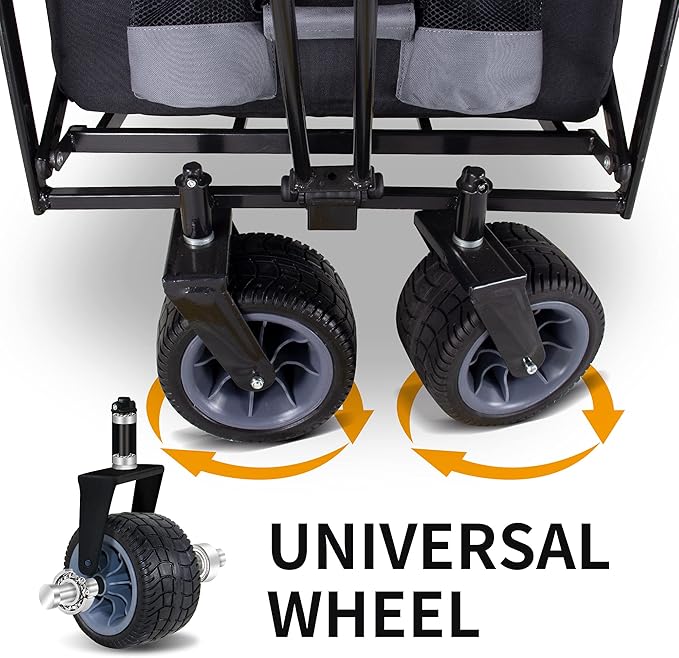 TMZ All Terrain Utility Folding Wagon, Collapsible Garden Cart, Heavy Duty Beach Wagon, for Shopping, Camping, and Outdoor Activities with Push Handle and Brakes (Black/Grey)