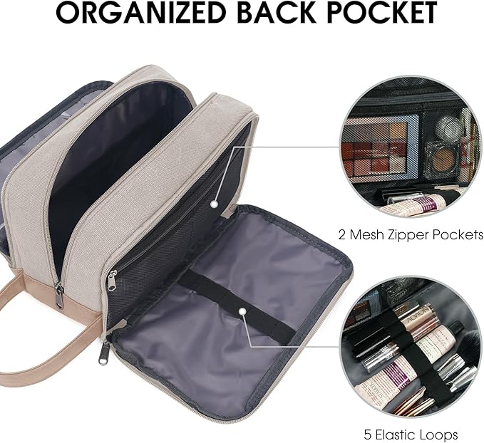 WANDF Travel Toiletry Bag for Men Large Toiletries Shaving Bag Water Resistant Hanging Dopp Kit Travel Accessories Bag for Women Men (Beige Gray)