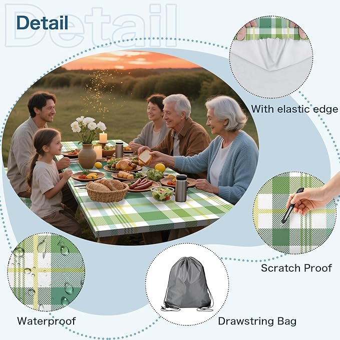 Green Picnic Table Cover with Bench Covers, 3 Pcs Waterproof Elastic Picnic Table Cover Outdoor Camping Essentials, Windproof Fitted Tablecloth for Indoor Outdoor (Plaid, 72X30 Inch)