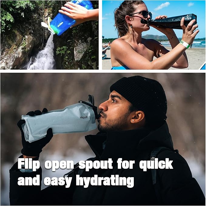 Vapur Collapsible Water Bottle With Carabiner, Compact Bottle Folds Flat For Hydration On The Go, Ideal for Traveling, Hiking or Camping, 23 Ounce, Malibu Teal, Pack of 2