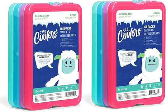 Cool Coolers by Fit & Fresh, Reusable & Long-Lasting XL Slim Ice Packs, Cold Packs for Cooler,Freezer Packs for Lunch Boxes Cooler Accessories for Lunch, Camping, Beach, and Work, 8PK, Multicolored
