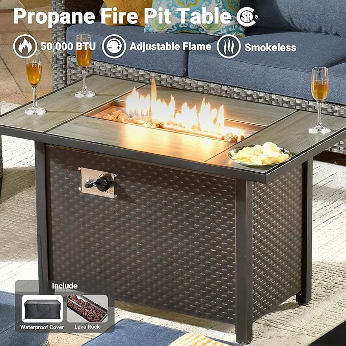 ovios 7 Pieces Patio Furniture Set with 42" Fire Pit Table, Outdoor Wicker Sofa with Swivel Chairs, All Weather High Back Rattan Couch Conversation Set, Denim Blue