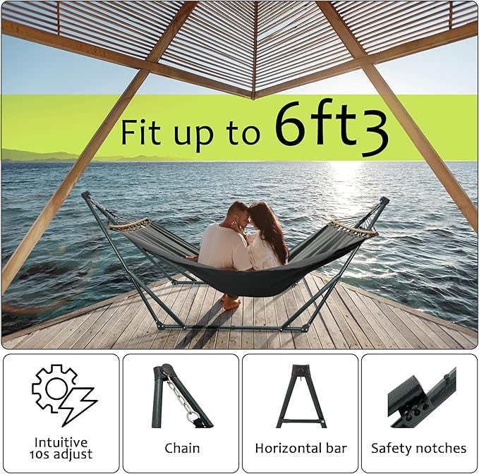 Tranquillo Universal Hammock with Stands Electro Static Coated Steel, Adjustable Foldable Hammock Stand with 2 Layered Polyester Net and Carry Bag for 2 Persons (Canvas - Grey)