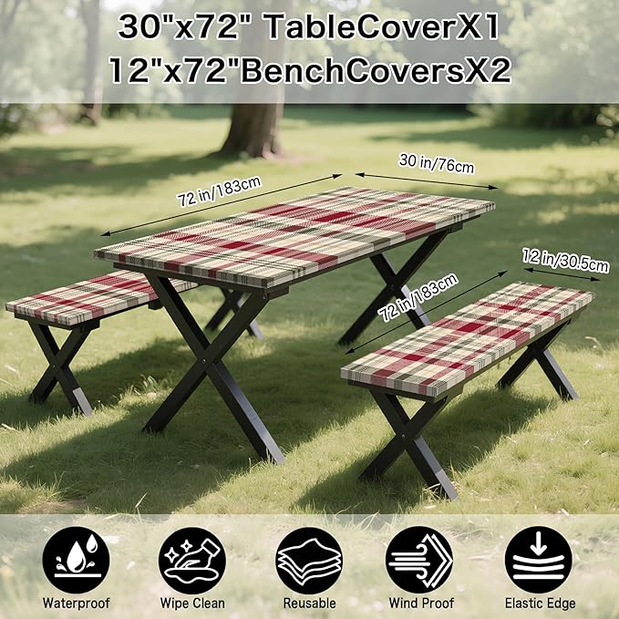 Picnic Table Cover with Bench Covers, 3 Pcs Waterproof Elastic Picnic Table Cover Fall Outdoor Camping Essentials, Windproof Fitted Tablecloth for Indoor Outdoor (Plaid, 72X30 Inch)