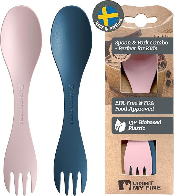 Light My Fire Spork Little Colored Sporks 2pack, 2-in-1 Hard Plastic Travel Spork Reusable Camping Utensils for Lunch Box Outdoor Picnic Utensil BPA Free, HazyBlue/DustyPink