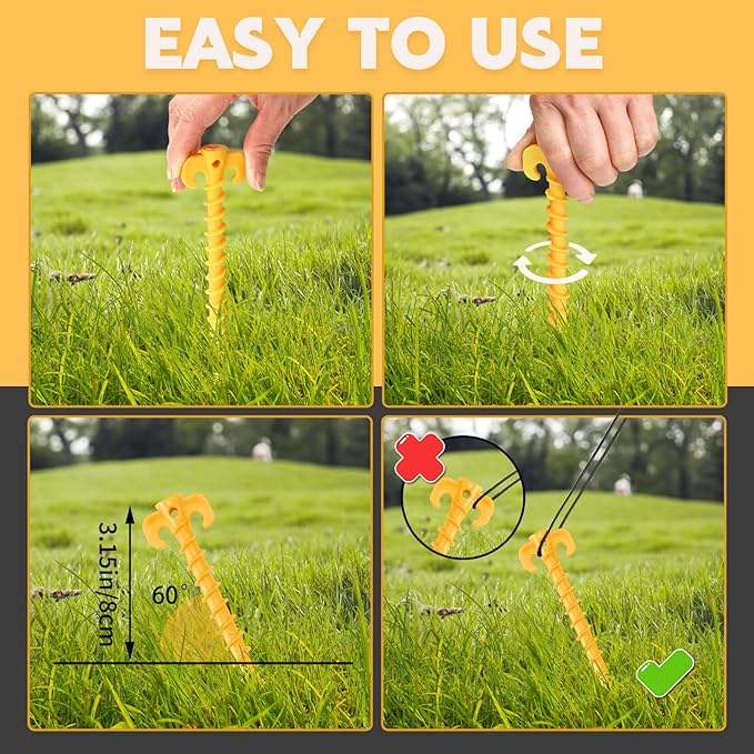 AUGSUN 8 Pack Plastic Tent Stakes Heavy Duty, Yellow Sand Stakes for Beach 7.5 Inch Screw in Tent Stakes Spiral Ground Anchors Tent Pegs Canopy Stakes for Inflatables Outdoor Camping Hiking Garden