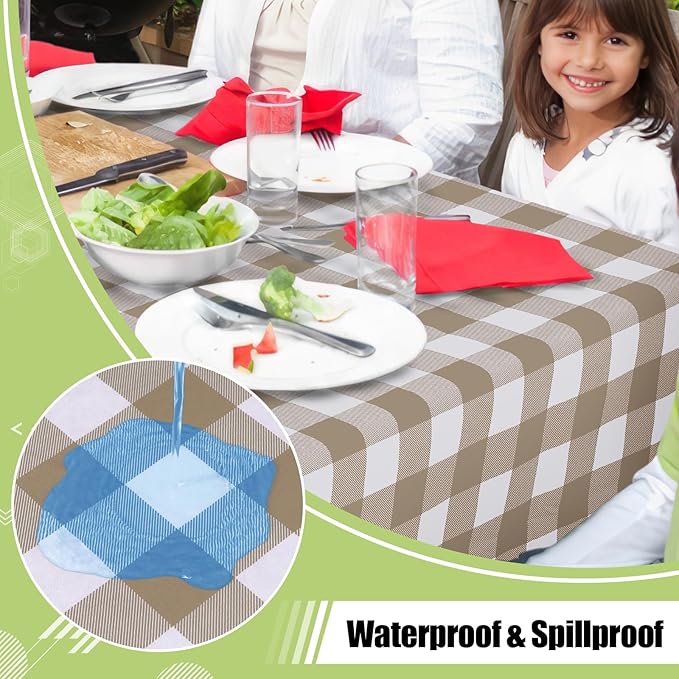 Smiry Rectangle Table Cloth, Waterproof Vinyl Tablecloth with Flannel Backing, Wipeable Buffalo Plaid Table Cover for Dining, Indoor and Outdoor (Khaki & White, 52"x70")