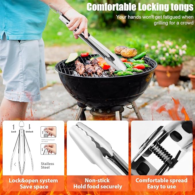 31pcs BBQ Grill Accessories Set for Men Dad, Heavy Duty Grilling Tools Gifts for Fathers Day, Stainless Steel BBQ Utensils Kit with Mats, Grill Brush in Carrying Bag Black