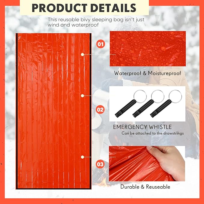 Qunclay 6 Set Emergency Sleeping Bag Portable Bivy Sack with Whistles Thermal Waterproof Survival Bag Foldable Lightweight Emergency Supplies for Outdoor Travel Camping Hiking