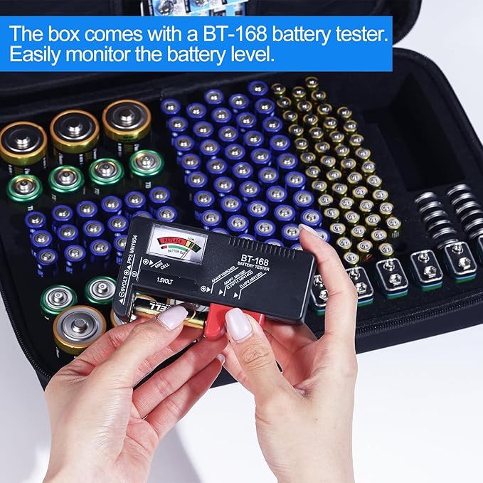 Lumus&Solem Battery organizer Storage Case with Tester for 148 Battery, Storage Case Fit for 148+ Batteries of AA AAA C D 9V