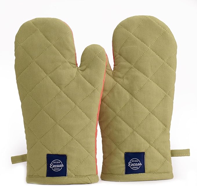 Encasa XO Heat Resistant Cotton Oven Gloves Mitts (2 Pc Set) - Quilted & Safe 12x6.6 in - for Kitchen, Cooking & Baking, Grilling, Handling Hot Pots & Pans - Sage & Coral