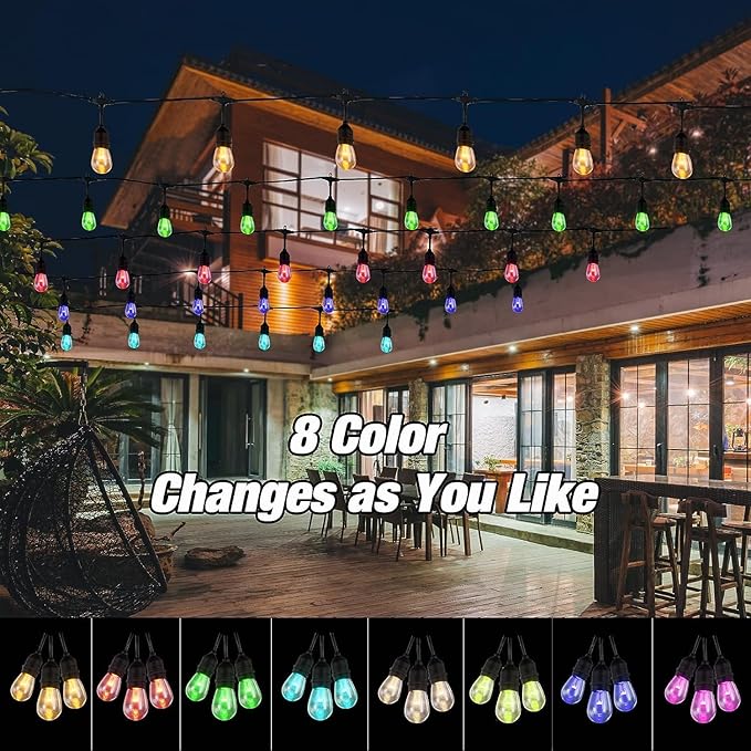 Auroraworld Outdoor String Lights, 48FT Color Changing Outdoor String Lights, Patio Lights Waterproof Porch Light with Remote, for Patio Decor, Balcony