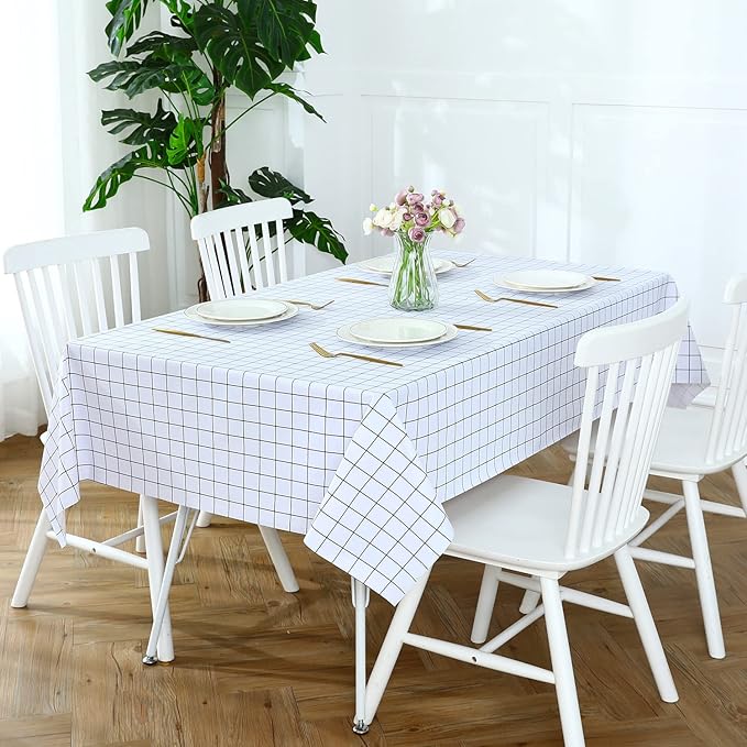 Romanstile Rectangle Plastic Tablecloth, 100% Waterproof Oil-Proof Checkered PVC Table Cloths, Heavy Duty Vinyl Table Covers for Dining, Camping, Picnic, Outdoor - 60 x 84 Inch, White