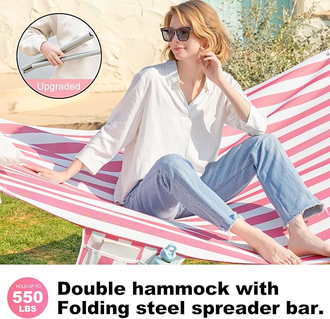 14ft Two Person Outdoor Hammock, Portable Camping with Folding Steel Spreader Bar, Carrying Bag, Carabiners, Tree Straps, Pillow & Sidebag, Quick Dry Textilene Fabric, 550 lbs Capacity (Blush)