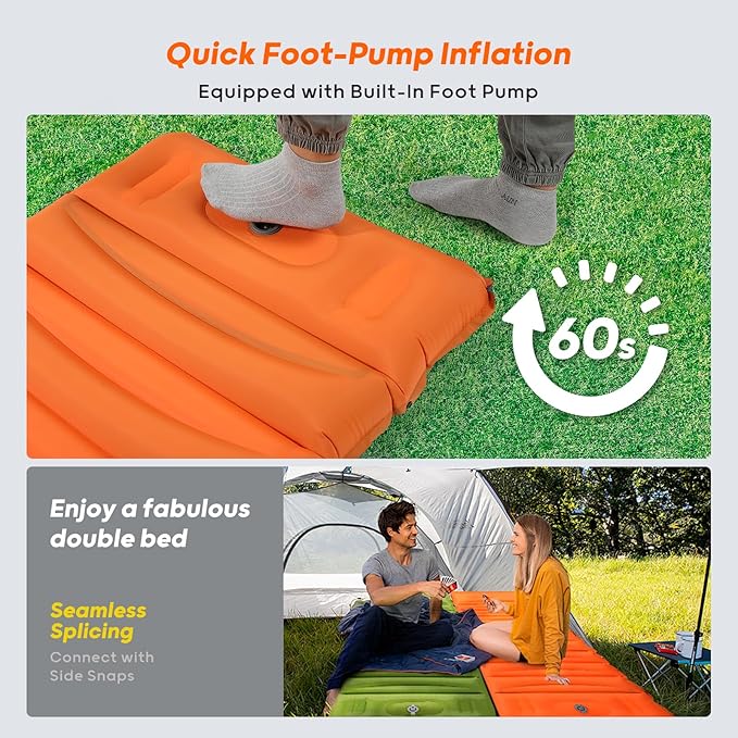 4 Inch Thick Inflatable Sleeping Pad for Camping, with Foot Pump and Pillow, Lightweight Camping Mattress for Outdoors, Backpacking, Hiking