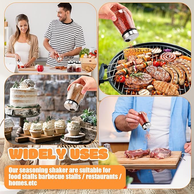 Zhehao 10 Pcs Salt Pepper Shakers Set with Adjustable Pour Holes Stainless Steel Spice Dispenser 6oz Clear Glass Seasoning Containers for Kitchen Restaurant Home BBQ Camping Farmhouse Accessories