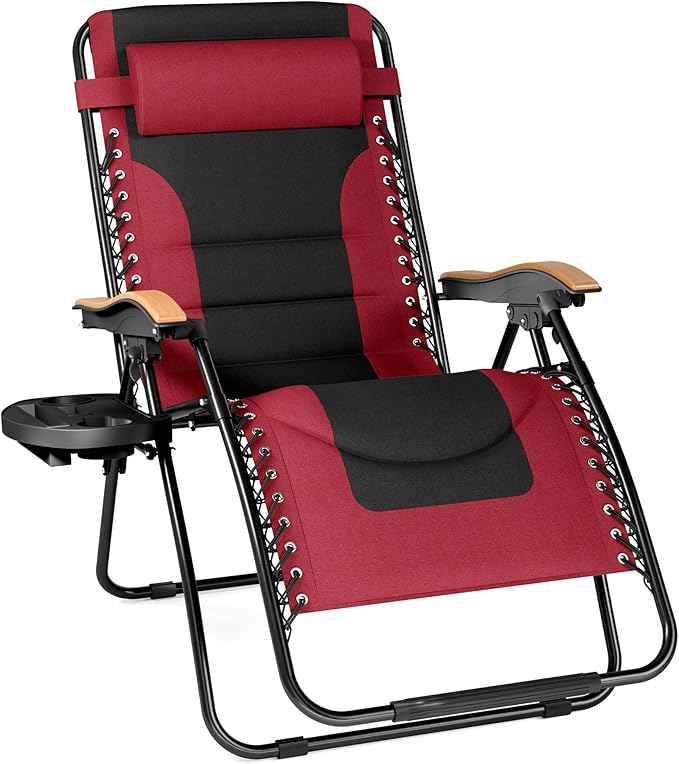 PHI VILLA XXL Oversized Padded Zero Gravity Chair, Foldable Patio Recliner, 30" Wide Seat Anti Gravity Lounger with Cup Holder, Support 400 LBS (Red)