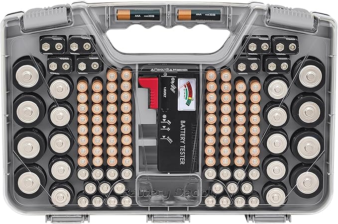 Ontel Battery Daddy Storage & Organizer Case with Tester, Stores & Protects Up to 180 Batteries, Double-Sided, Durable Design W/Clear Locking Lid, Secure Latches & Portable Carrying Handle- Warm Grey