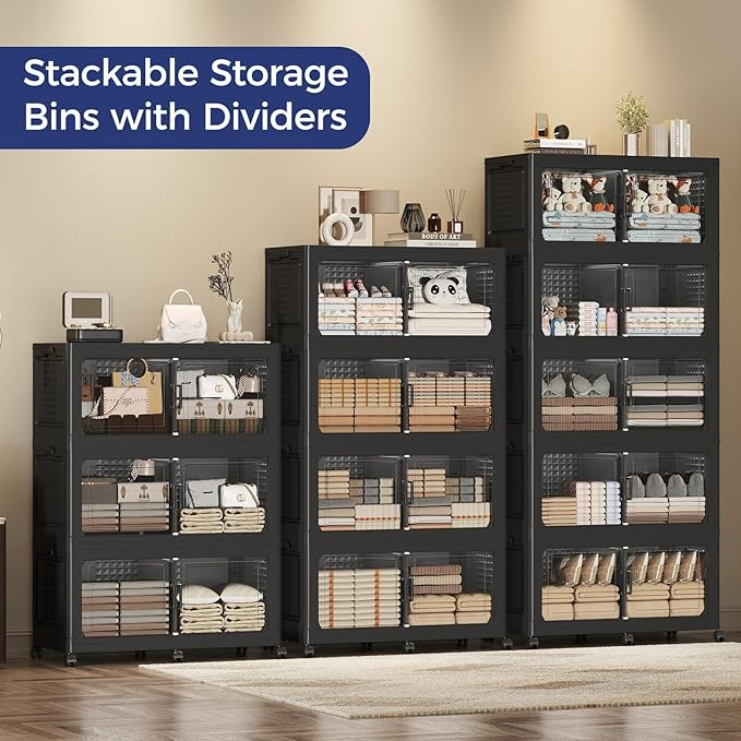 250GAL Extra Large Storage Bins with Lid, 1000Qt Stackable Closet Organizers and Drawers, Collapsible Storage Bins with Wheels, Folding Storages Cabinet for Home Bedroom Office, 5Pack Black