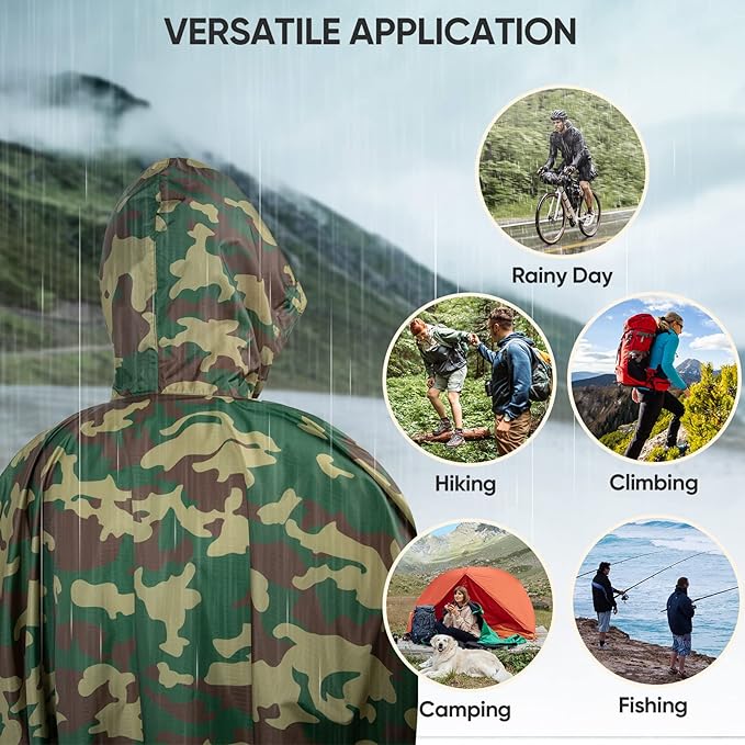 PTEROMY Hooded Rain Poncho for Adult with Pocket, Waterproof Lightweight Unisex Raincoat for Hiking Camping Emergency