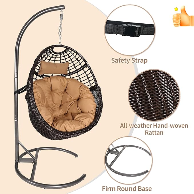 TWT Hanging Egg Chair with Stand, 330lbs Capacity Patio Wicker Egg Swing Chair with UV Resistant Cushion for Bedroom Garden Indoor Outdoor (Dark Brown)