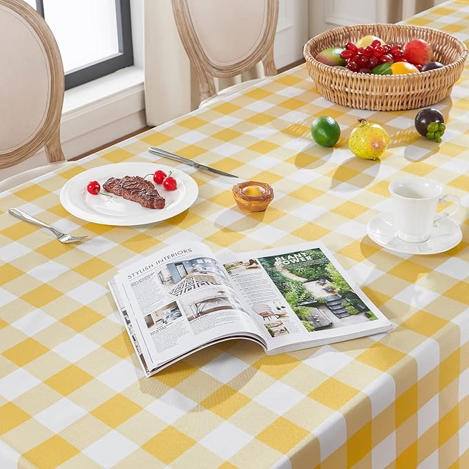 Softalker Gingham Checkered Rectangle Tablecloth - Waterproof Buffalo Plaid Table Cloth Stain Resistant Washable Table Cover for Picnic/Camping/Outdoor - Yellow and White, 60 x 102 Inch