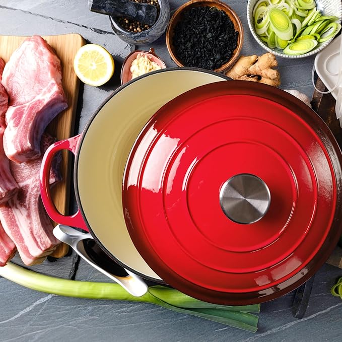 6 Quart Dutch Oven Enameled Cast Iron with Lid - Big Dual Handles - Oven Safe up to 500°F - Classic Round Pot for Versatile Cooking (Red, 6 QT)
