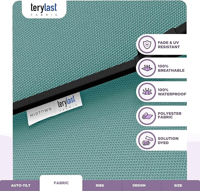 Midtown Umbrellas 10-Year-No-Fade - 8 Ft - UV Proof Aqua Polyester Fabric - Umbrella Outdoor Patio, Auto-Tilt Aluminum Frame Patio Umbrella for Garden, Pool & Deck - Black Pole