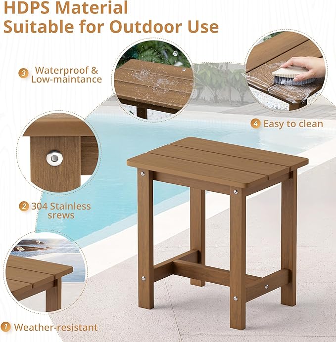 LUE BONA Outdoor Side Table Set of 2, HDPS Small Outdoor Table, Adirondack Side Table, Outside End Table for Patio, Porch, Deck, Pool, Weather Resistant/Easy Maintenance/Indoor or Outdoor Use, Brown
