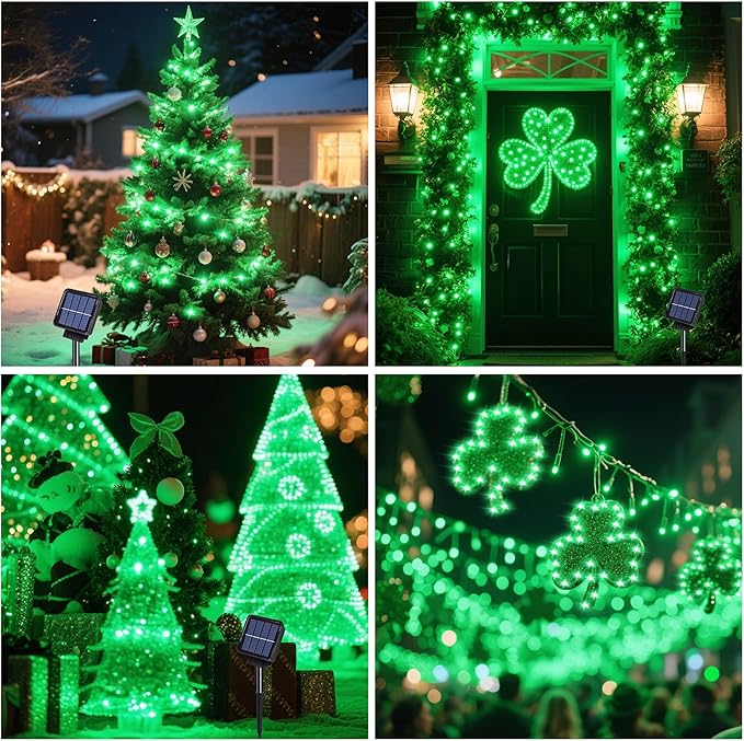ANGMLN Green Solar String Lights Outdoor, 200 LEDs 8 Modes Waterfall Fairy Bunch Lights Outdoor Waterproof, Green Halloween Decor, Christmas Tree, St Patrick Decorations for Outside Tree Yard