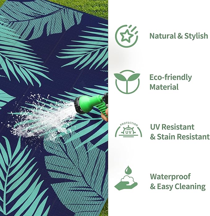 GENIMO Outdoor Rug 5' x 8' Waterproof for Patios Clearance, Reversible Outdoor Plastic Straw Camping Rug Carpet, Large Area Rugs Mats for RV, Camper, Deck, Balcony, Porch, Beach, Navy Blue&Jade Green
