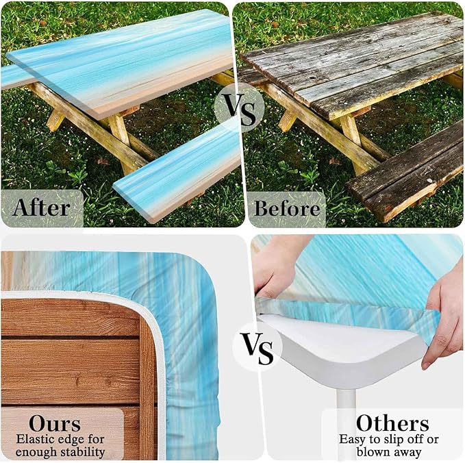 CAPSCEOLL Elastic Picnic Table Cover with Bench Covers 5Ft Waterproof Fitted Picnic Table Cover Cloths for Outdoors Camping Tablecloth with Drawstring Bag, 60X30in, Summer Beach