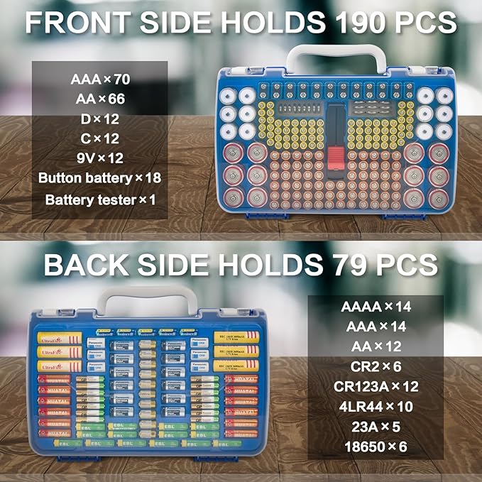 Battery Organizer Storage Holder Case with Double-Sided, Garage Box with Tester Checker. Batteries Container for 269pcs AA AAA AAAA 3A 4A 9V C D Lithium 4LR44 CR2 CR123A CR1632 CR2032 18650 - Blue