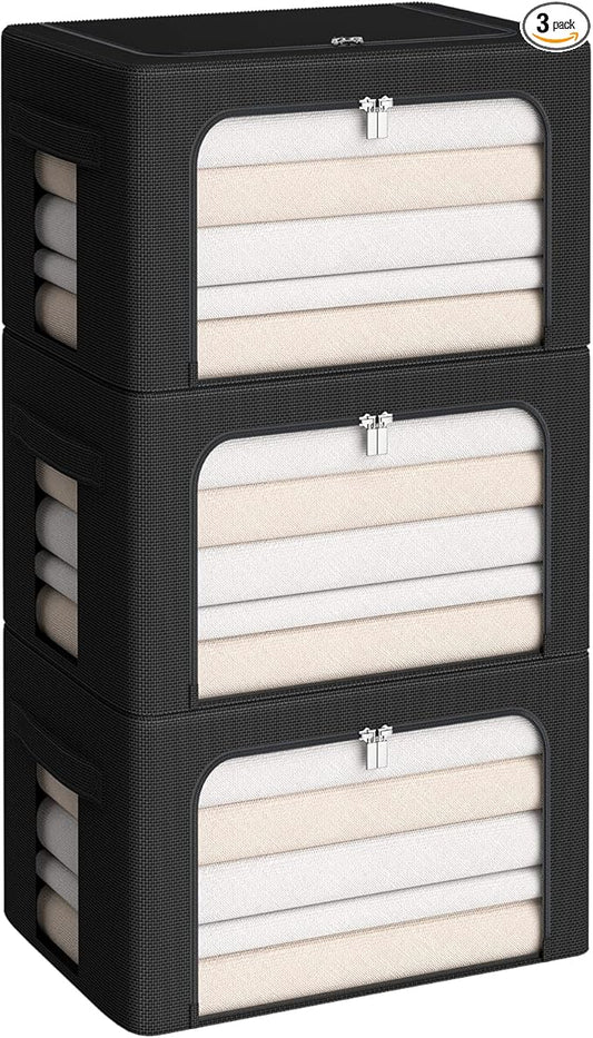 3Pack Frame Storage Box - Clothes Storage Bin Bags Oxford Fabric Foldable Stackable Container Organizer Set with Clear Window & Carry Handles (Black, X-Small-36L)