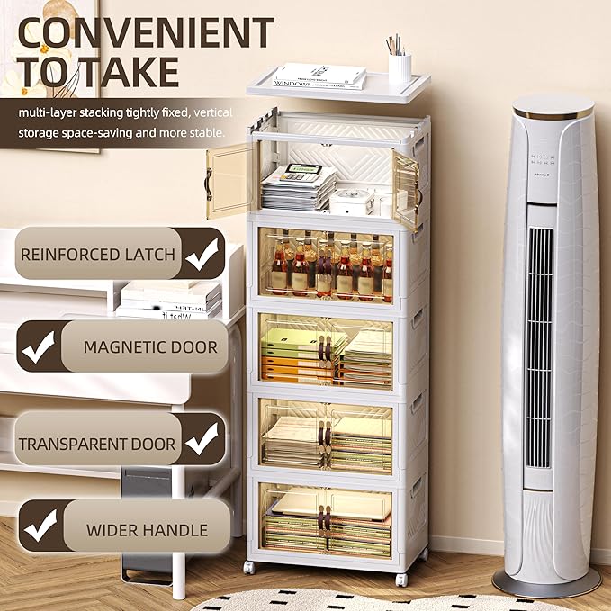 248 QT / 62 Gal Stackable Collapsible Storage Bins (1 Lid) with Magnetic Doors & Wheels - Plastic Cabinet Organizer for Home Office Closet, White Space-Saving Containers