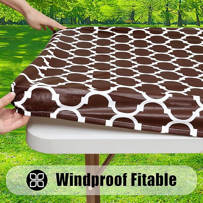 Smiry Rectangle Picnic Table Cover, Waterproof Elastic Fitted Camping Tablecloths for 6 Foot Tables, Wipeable Flannel Backed Vinyl Tablecloth Protector for Indoor, Outdoor (Coffee, 30x72 Inches)