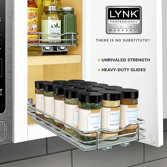 LYNK PROFESSIONAL® Pull Out Spice Rack Organizer for Inside Kitchen Cabinets - 6-1/4 inch Wide - Slide Out Drawer – Chrome Sliding Spice Cabinet Organization Shelf Racks - 1 Tier