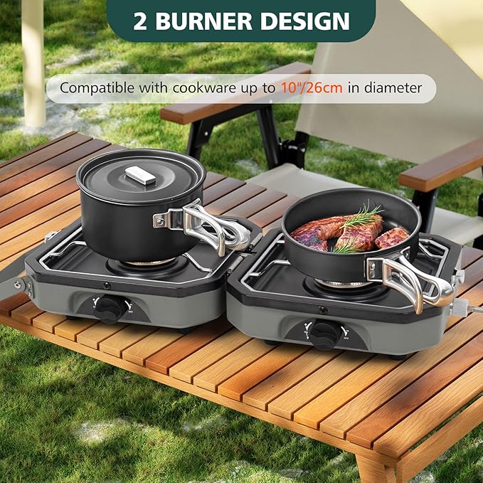 2 Burner Portable Camping Stove with Griddle 17200 BTU Folding Camp Gas Stove Camping Adjustable Burners Piezo Ignition