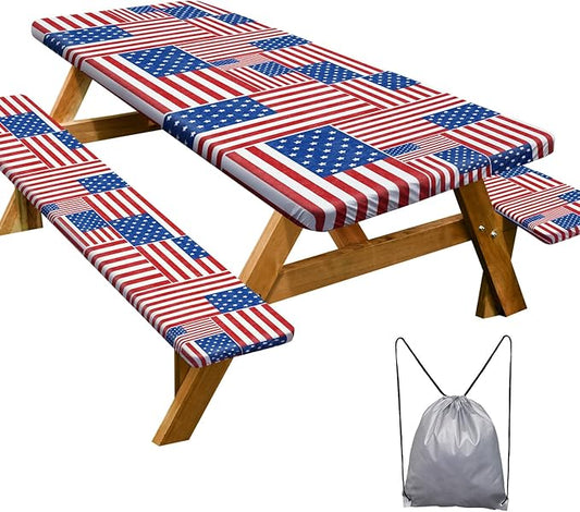 Picnic Table Cover with Bench Covers Camping Essentials Waterproof Windproof Camping Tablecloth with Drawstring Bag, Fitted Rectangle Tables and Seats, 72in, Red Blue White